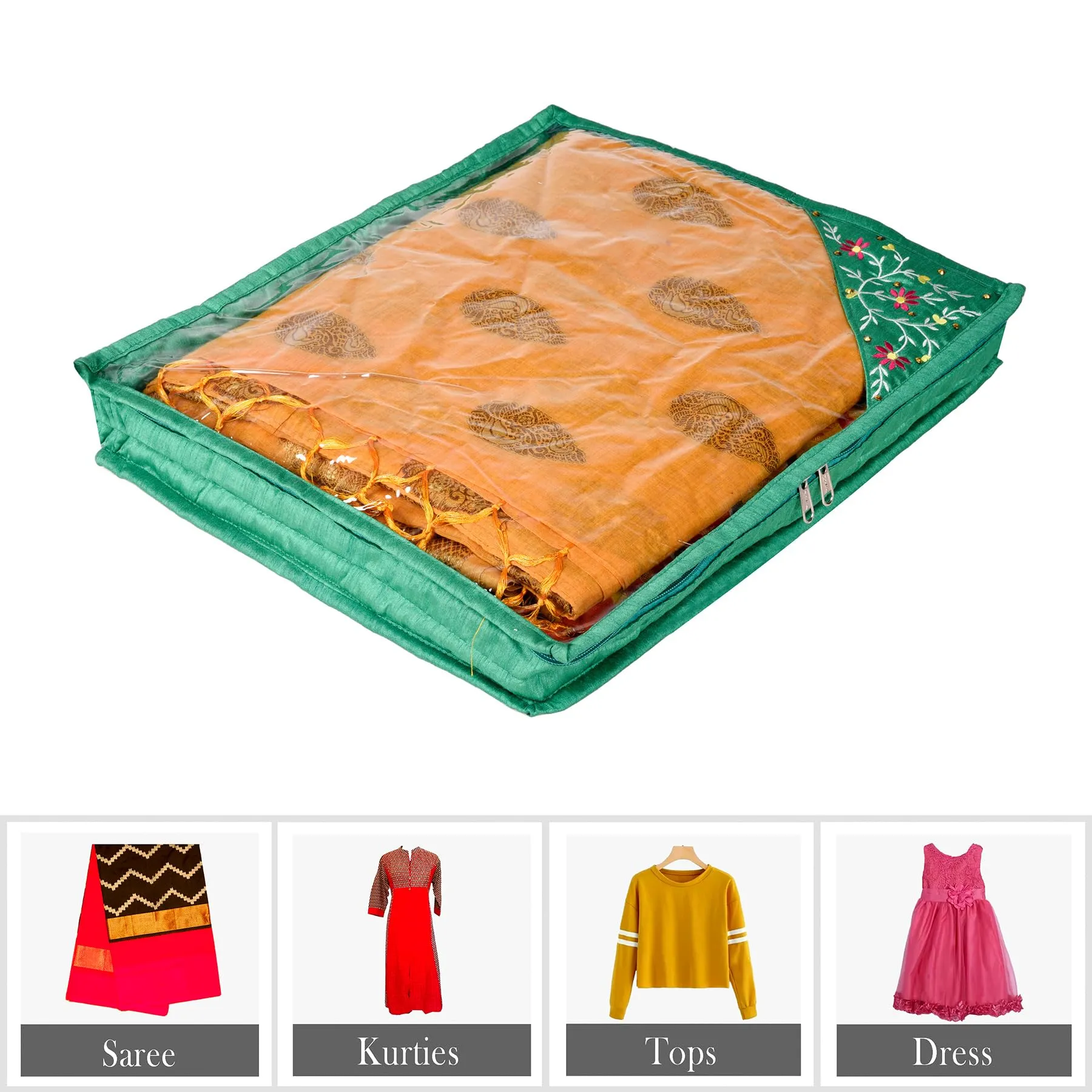 Kuber Industries Saree Cover | Clothes Storage Bag | Suit Packing Cover | Cloth Stoarge Organizer | Wardrobe Cloth Storage Organiser with Zip | Side Embroidery-Design | 3 Inch | Pack of 6 | Green