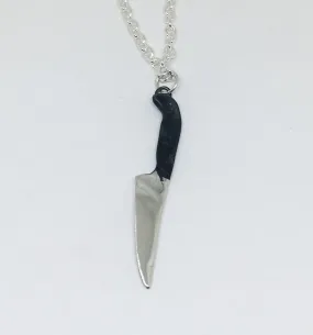 Large Sterling Chef Knife Pendant Necklace with Black Handle