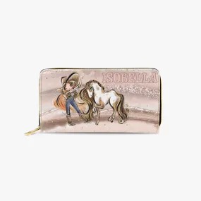 Long Type Zipper Purse, Howdy, Cowgirl & Horse, Red Hair Brown Eyes, Personalised