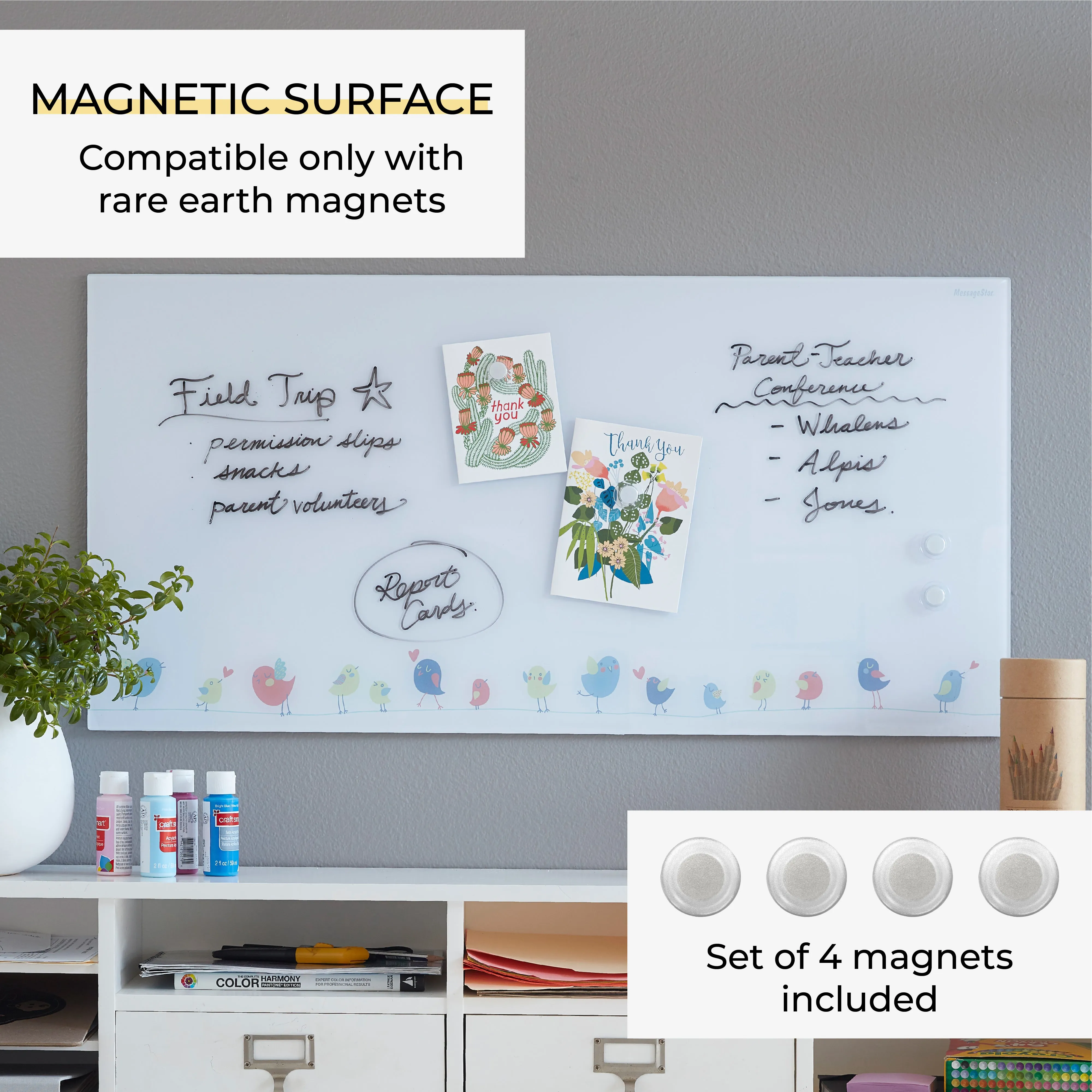 Magnetic Dry-Erase Glass Board with Magnets, 18in x 36in, Wall-Mounted Whiteboard