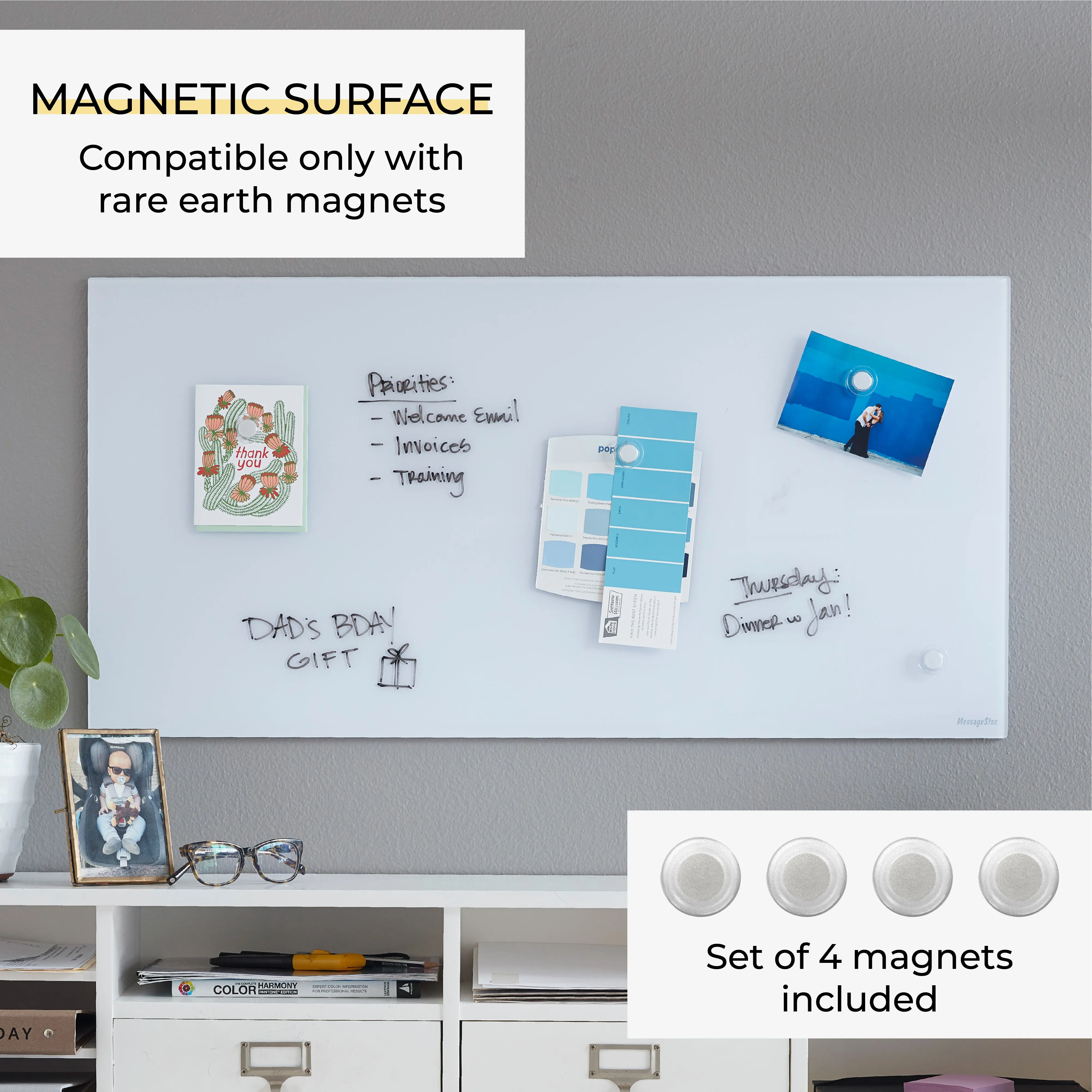 Magnetic Dry-Erase Glass Board with Magnets, 18in x 36in, Wall-Mounted Whiteboard