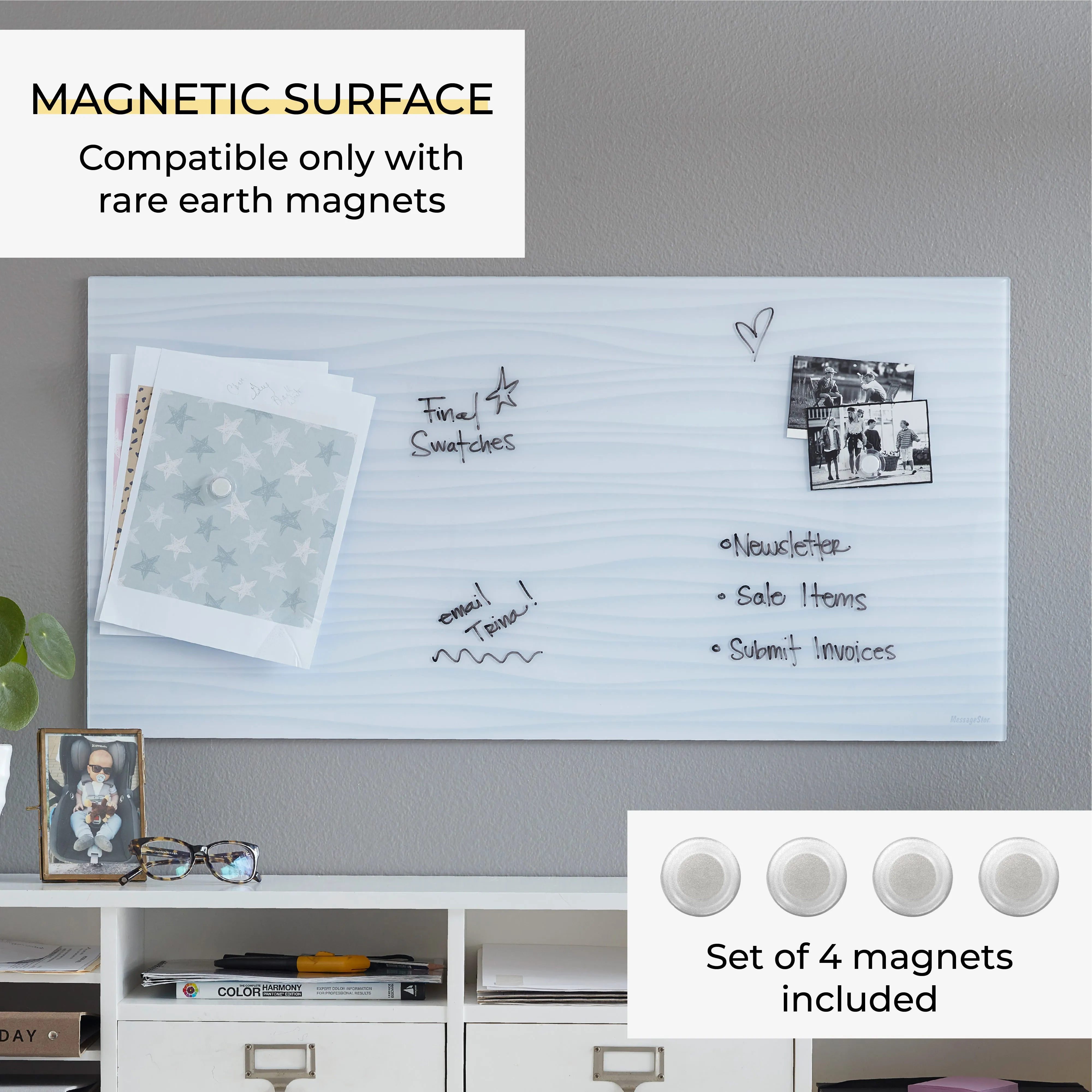 Magnetic Dry-Erase Glass Board with Magnets, 18in x 36in, Wall-Mounted Whiteboard