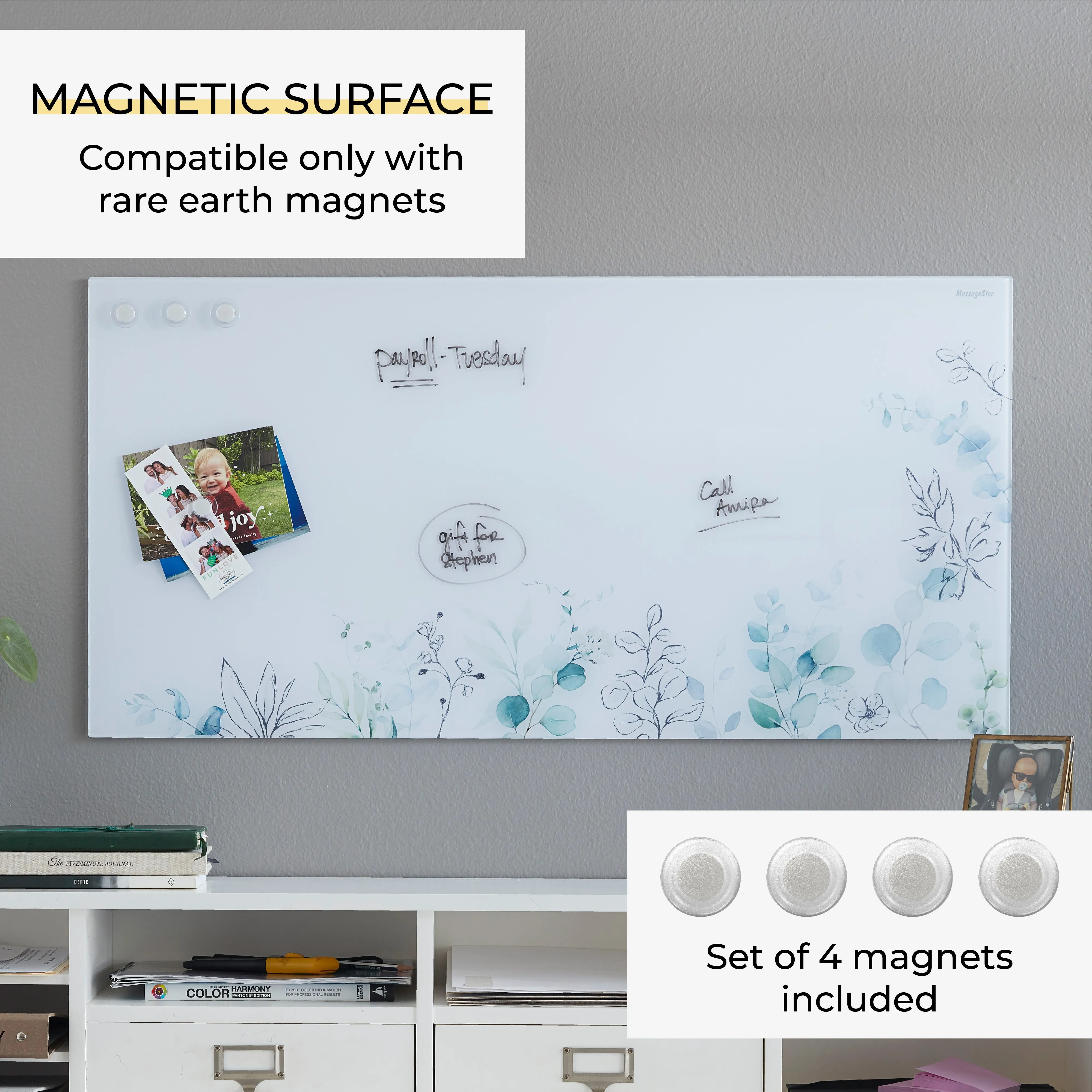 Magnetic Dry-Erase Glass Board with Magnets, 18in x 36in, Wall-Mounted Whiteboard