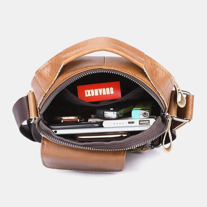 Men Genuine Leather Multi-pocket Headphone Hole Vintage 6.5 Inch Phone Bag Crossbody Shoulder Messenger Briefcase