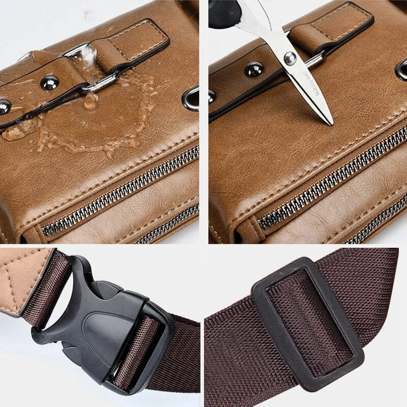 Men Multifunction Multi-compartment Chest Bag Waist Bag PU Leather Large Capacity Headphone Hole Crossbody Shoulder Bag