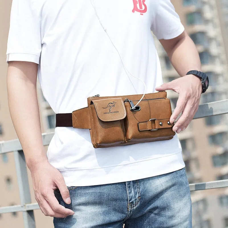 Men Multifunction Multi-compartment Chest Bag Waist Bag PU Leather Large Capacity Headphone Hole Crossbody Shoulder Bag