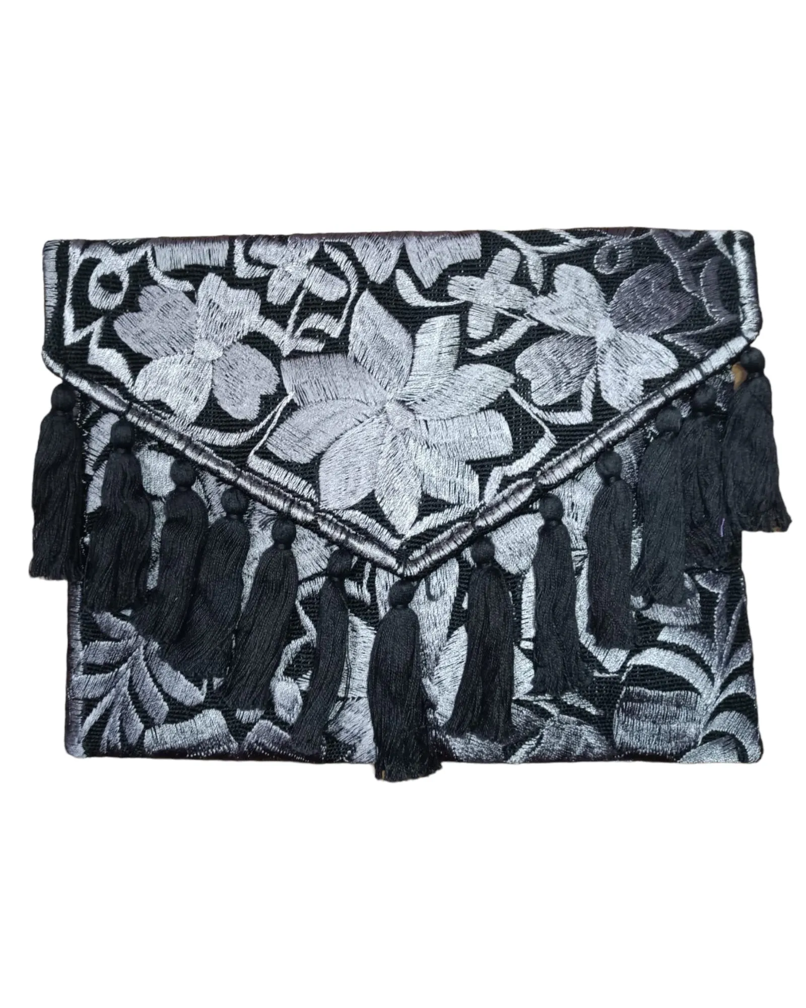 Mexican Embroidered Floral Clutch Bag Silver