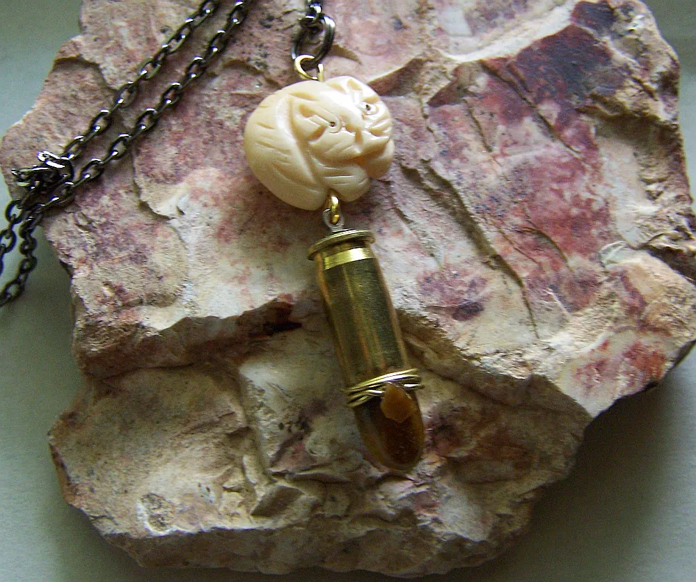 Netsuke Cat Tiger's Eye Brass Bullet Jewelry Pendant