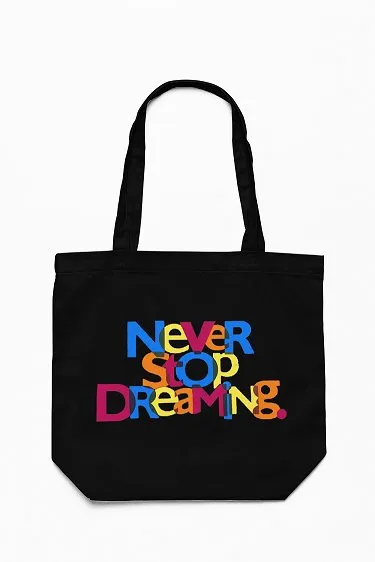 Never Stop Black - 100% Cotton Canvas Eco-Friendly Tote Bag with Zip