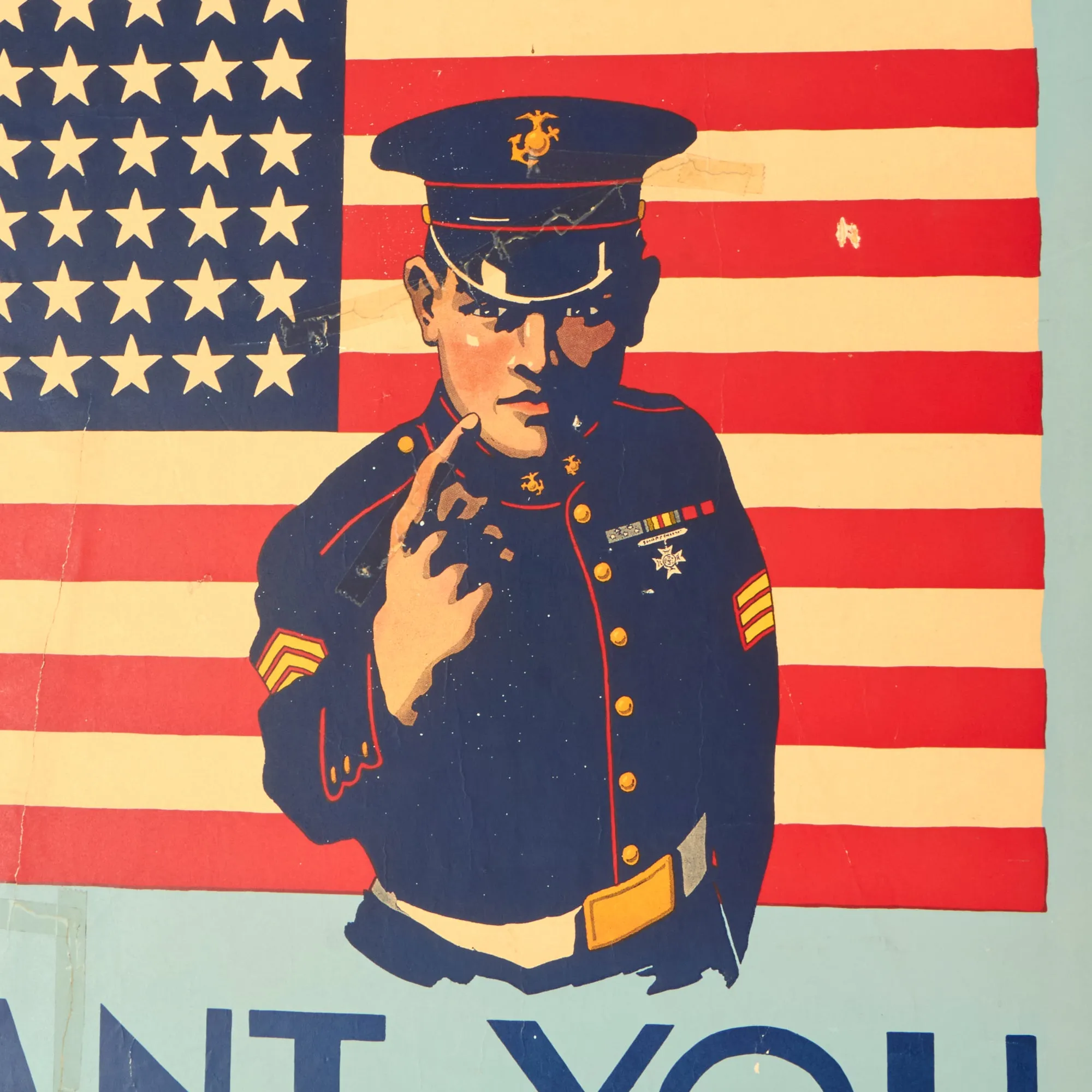 Original U.S. WWII The US Marines Want YOU Enlistment Poster Dated 1942 on Poster Board - 27 x 37¾”