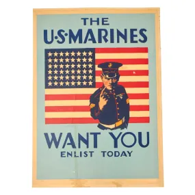 Original U.S. WWII The US Marines Want YOU Enlistment Poster Dated 1942 on Poster Board - 27 x 37¾”