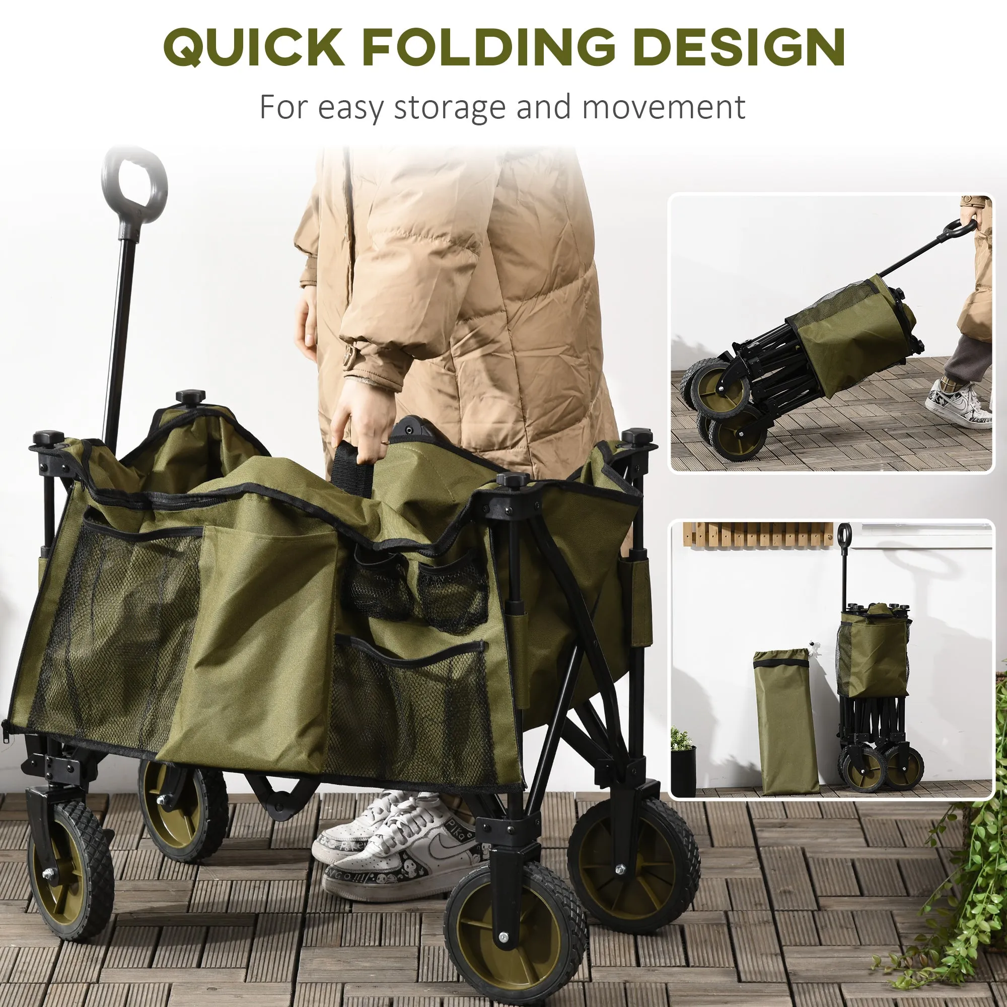 Outsunny Folding Wagon Garden Cart Collapsible Camping Trolley for Outdoor