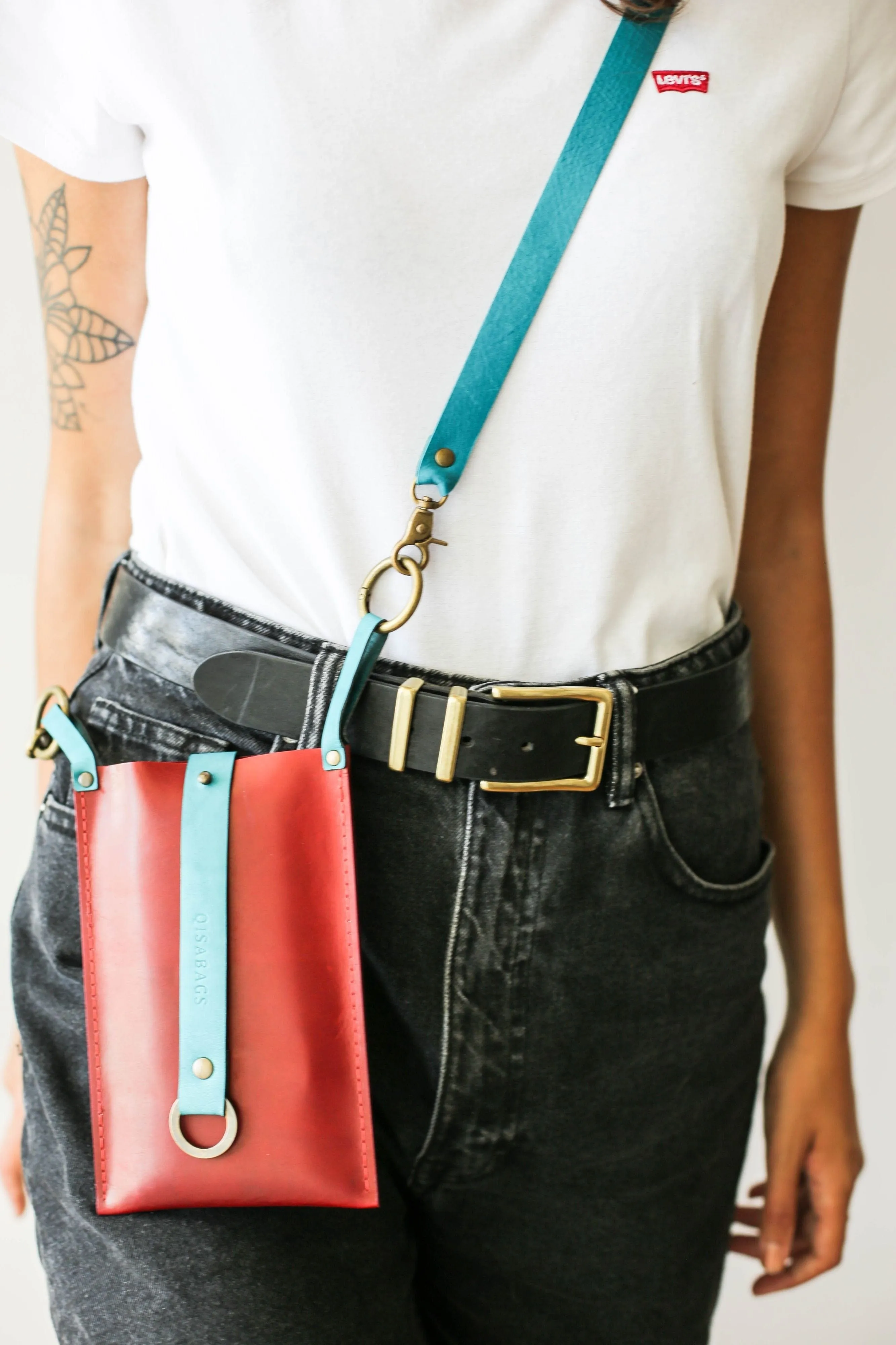 Red w/Blue Leather Phone Bag