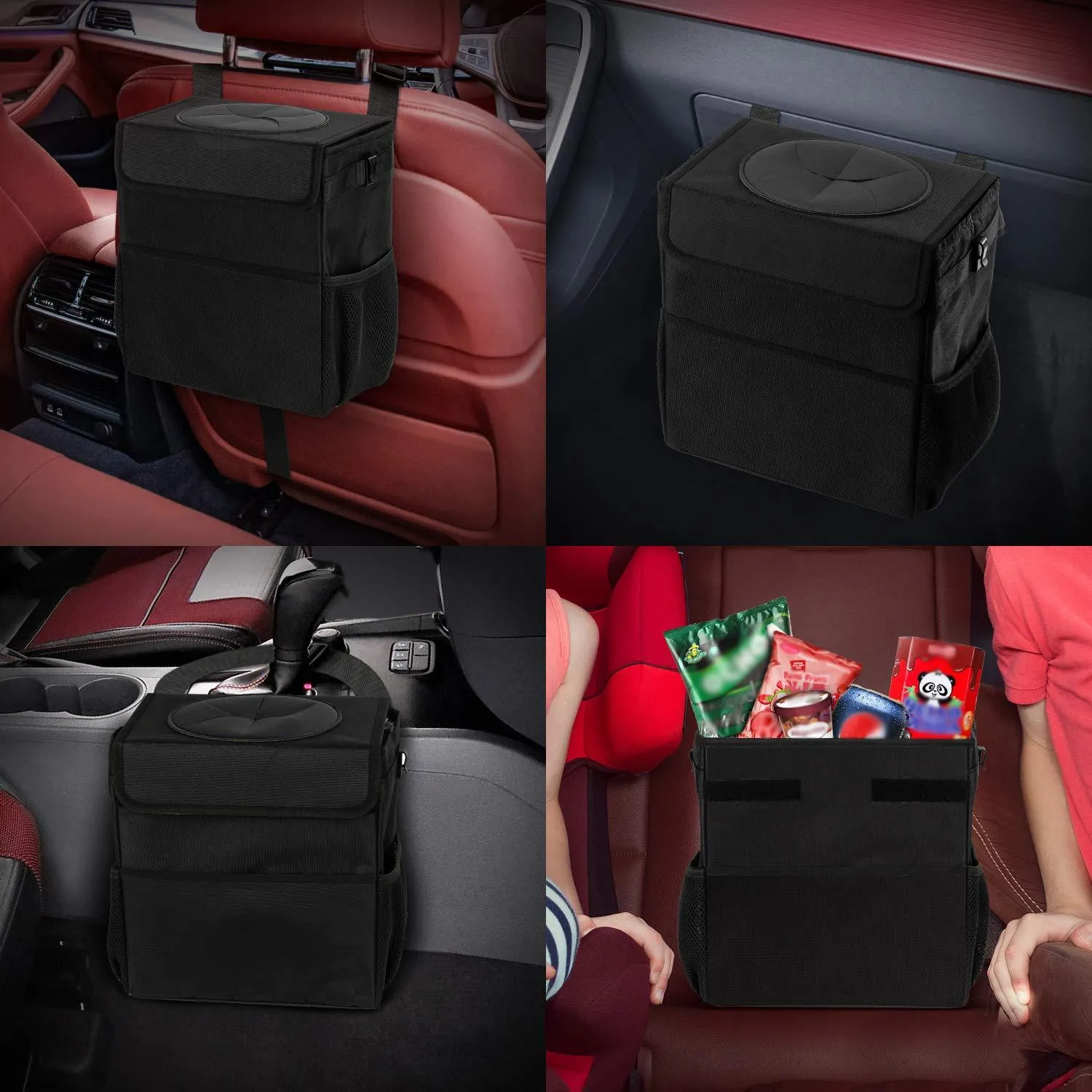 Ryhpez Car Trash Can with Lid - Car Trash Bag Hanging with Storage Pockets