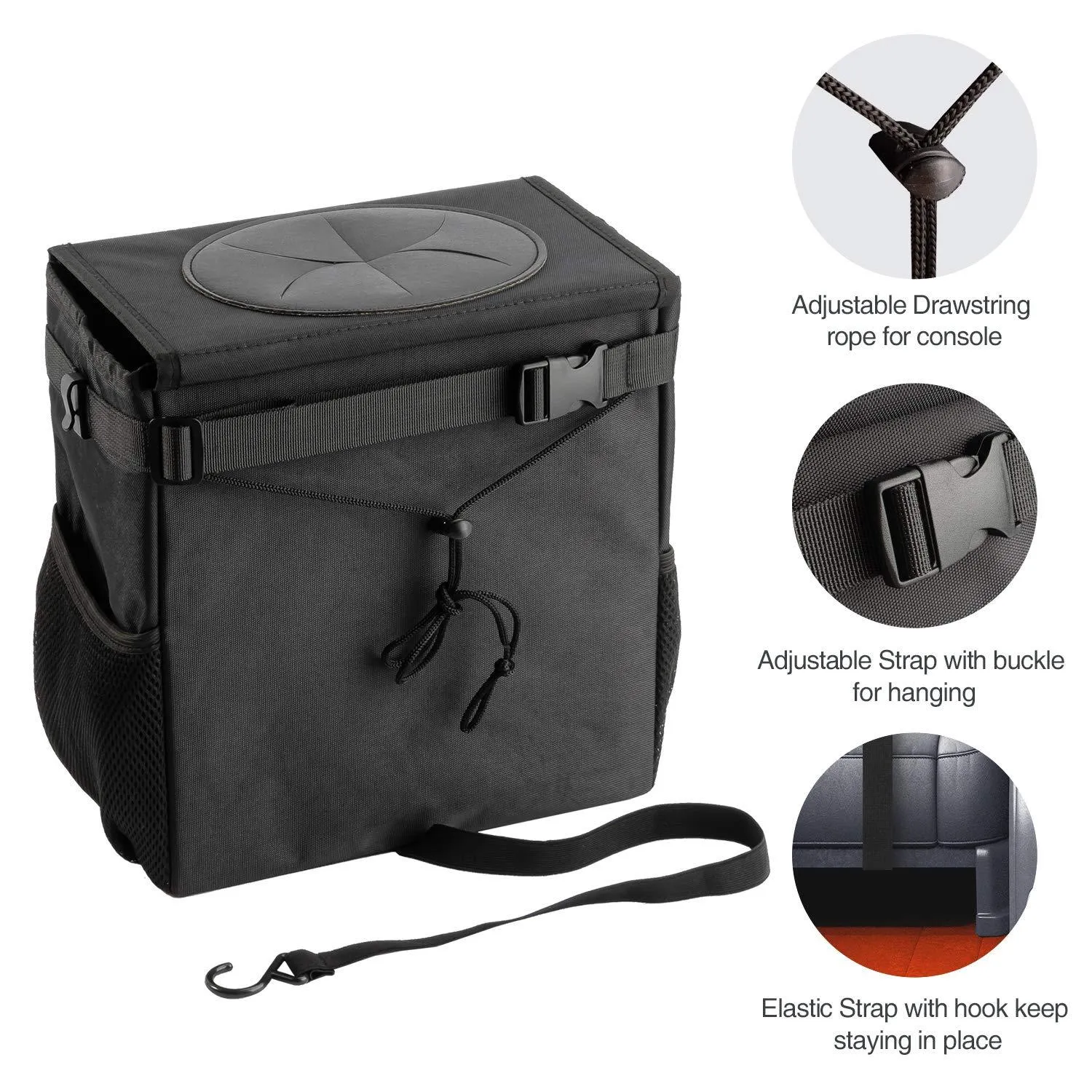 Ryhpez Car Trash Can with Lid - Car Trash Bag Hanging with Storage Pockets