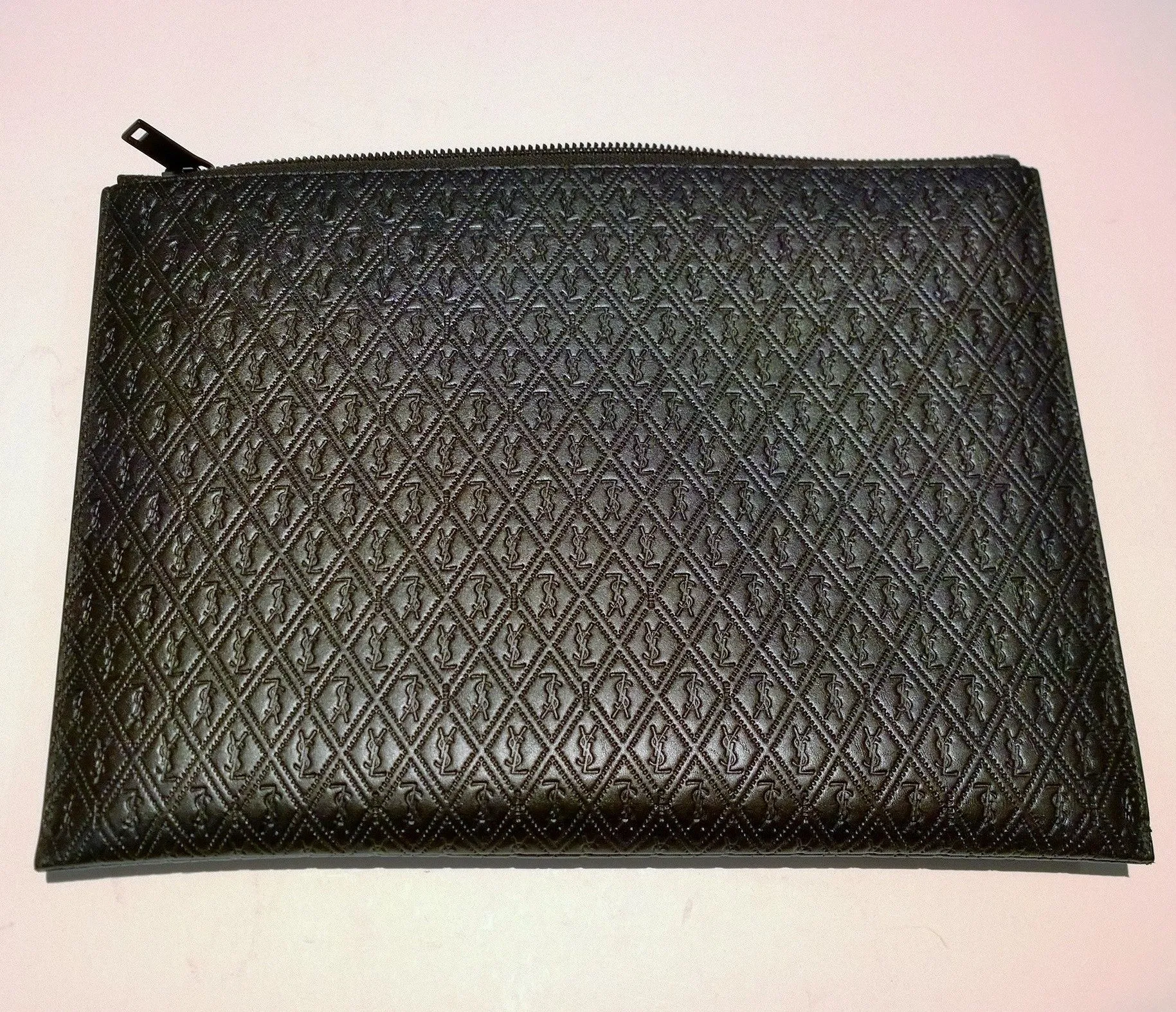 Saint Laurent YSL Allmono Logo Print Pouch Clutch iPad Case in Black Leather