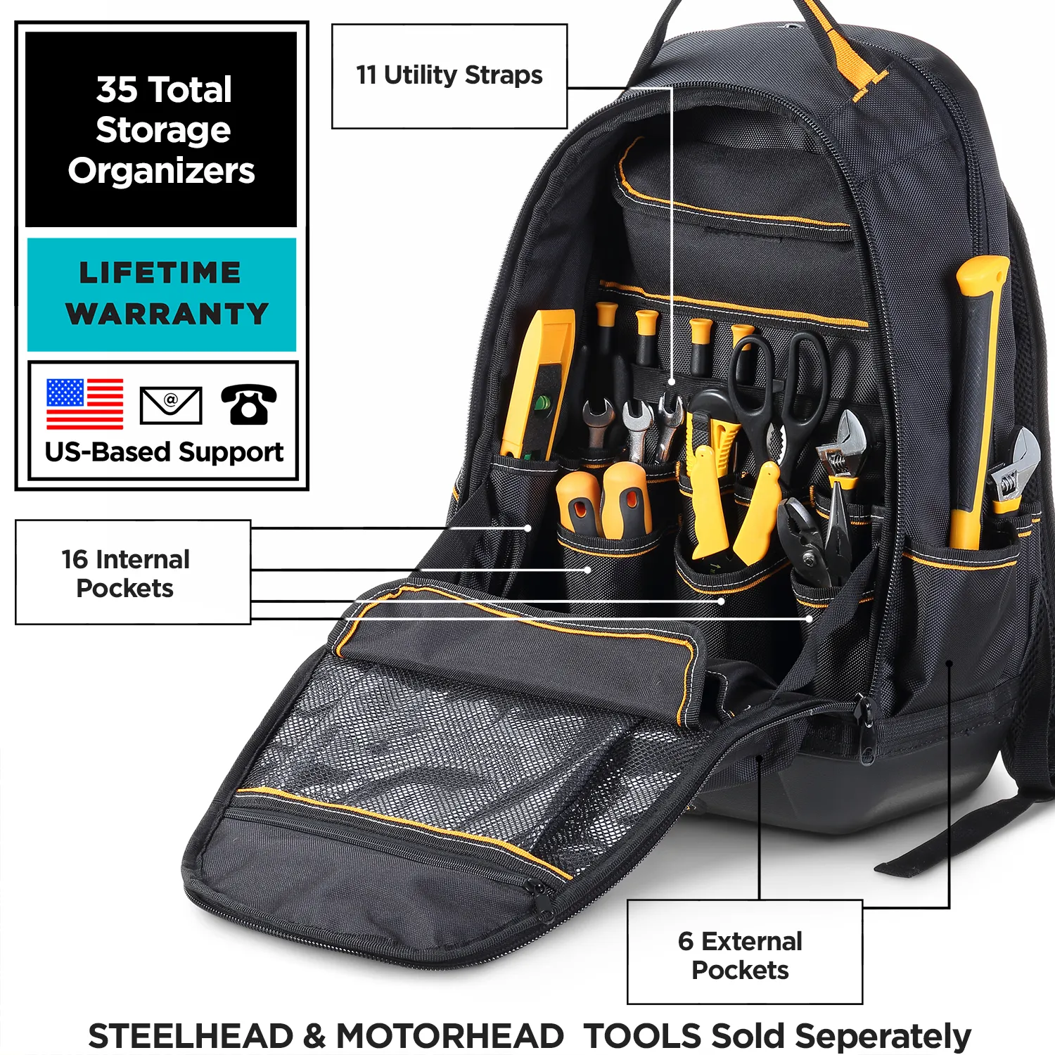 Solid Molded Base Heavy-Duty Tool Backpack (35 Pocket)