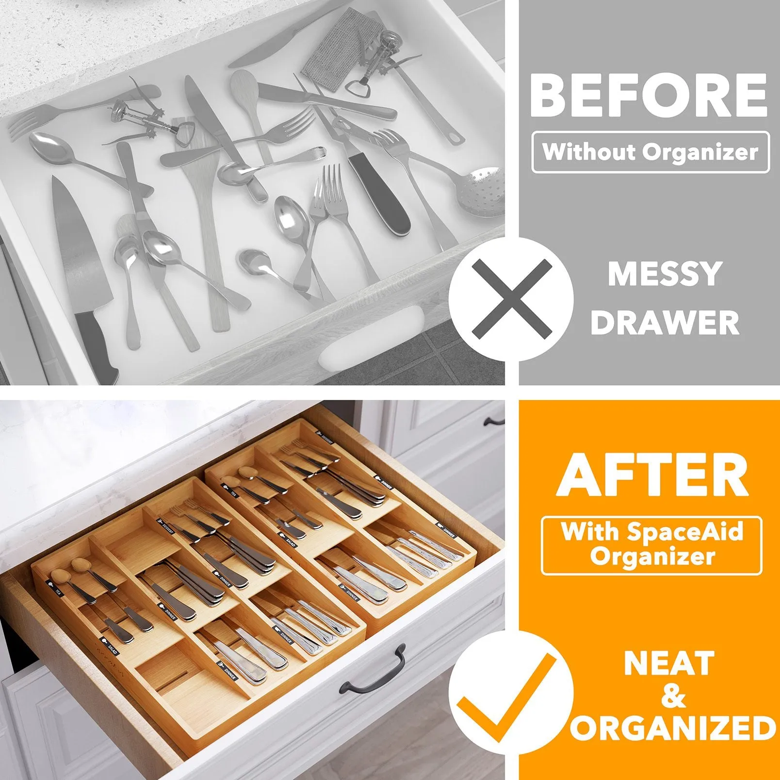 SpaceAid Bamboo Silverware Drawer Holders Organize Kitchen Utensils (Natural, 9 Slots)