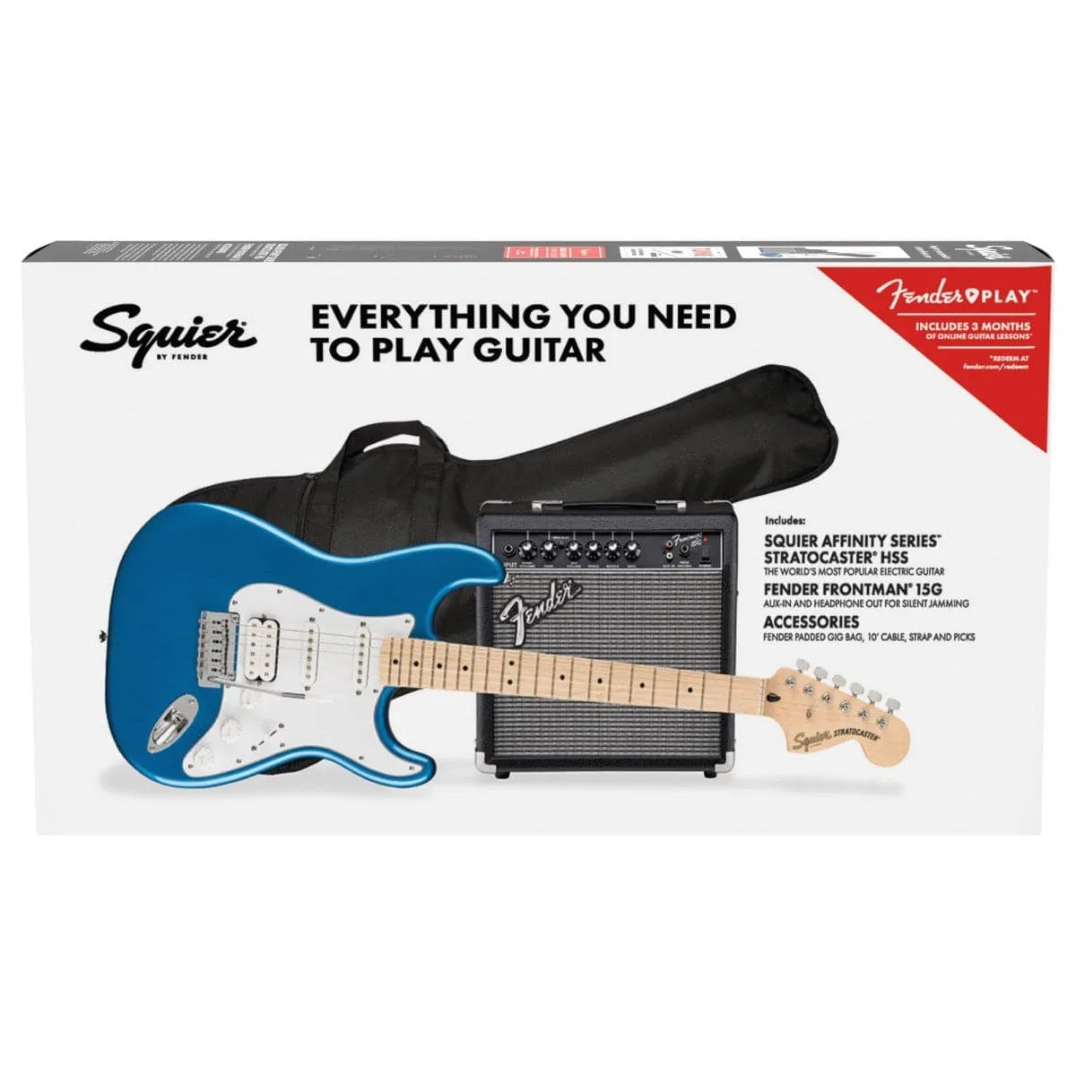 Squier Affinity Stratocaster Electric Guitar Package HSS - Guitar, Amp, Cable, Strap, Picks & Lessons - Lake Placid Blue