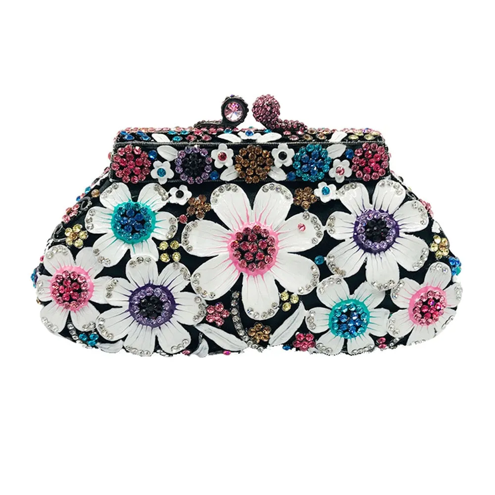 TEEK - Flower Sequin Metal Chain Rhinestone Clutch Purse