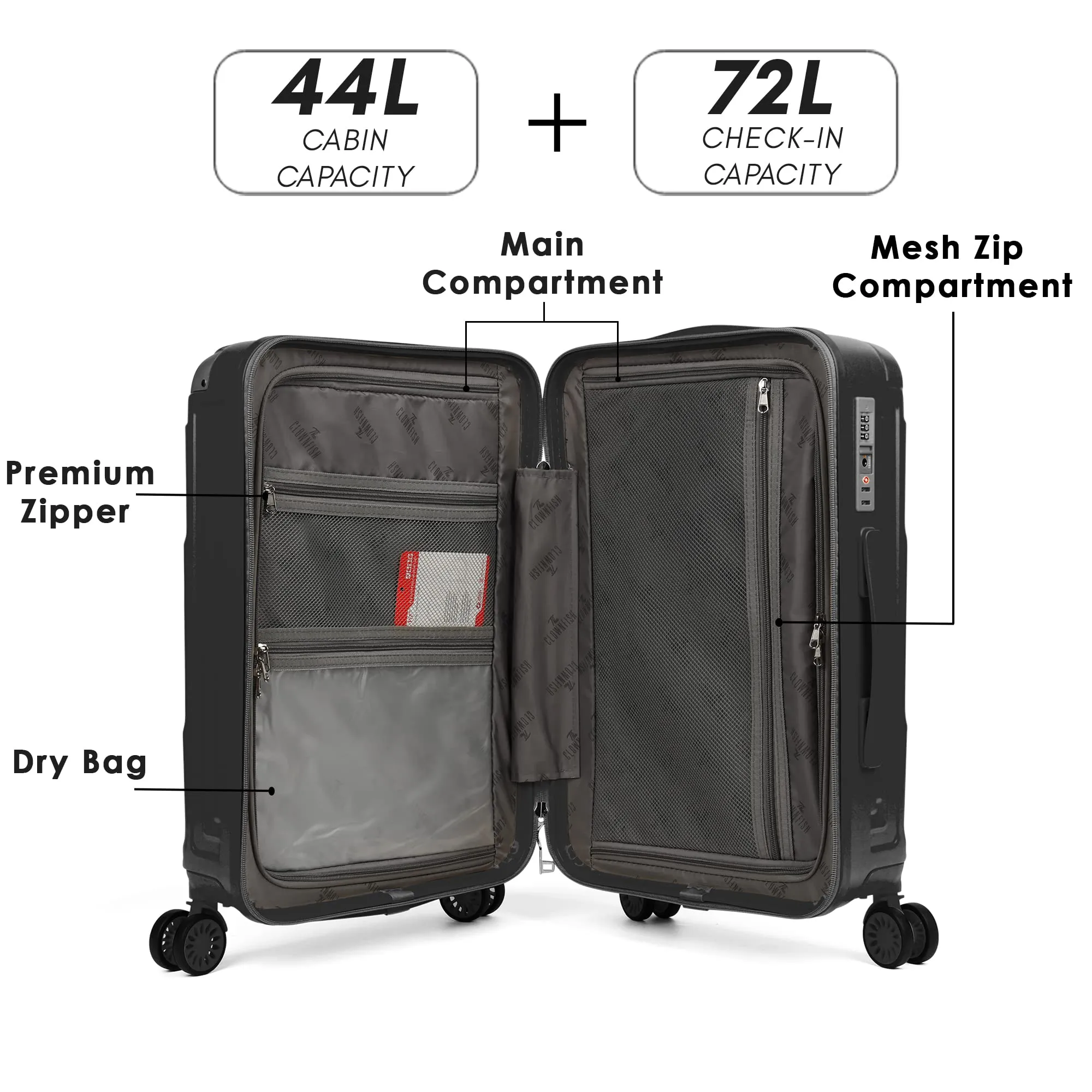 THE CLOWNFISH Combo Of 2 Ballard Series Luggage Abs & Polycarbonate Exterior Suitcases Spinner Eight Wheel Trolley Bags With Tsa Lock-Black (Medium 65 Cm-26 Inch, Small 55 Cm-22 Inch)