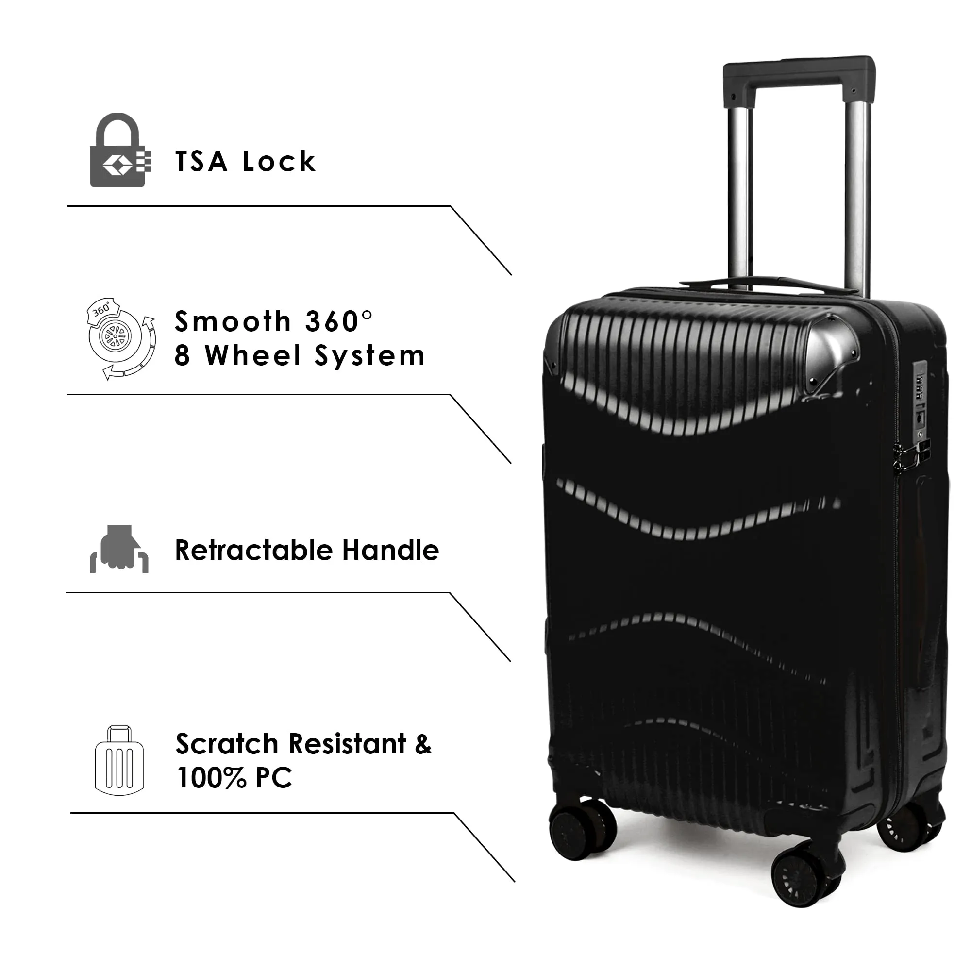 THE CLOWNFISH Combo Of 2 Ballard Series Luggage Abs & Polycarbonate Exterior Suitcases Spinner Eight Wheel Trolley Bags With Tsa Lock-Black (Medium 65 Cm-26 Inch, Small 55 Cm-22 Inch)