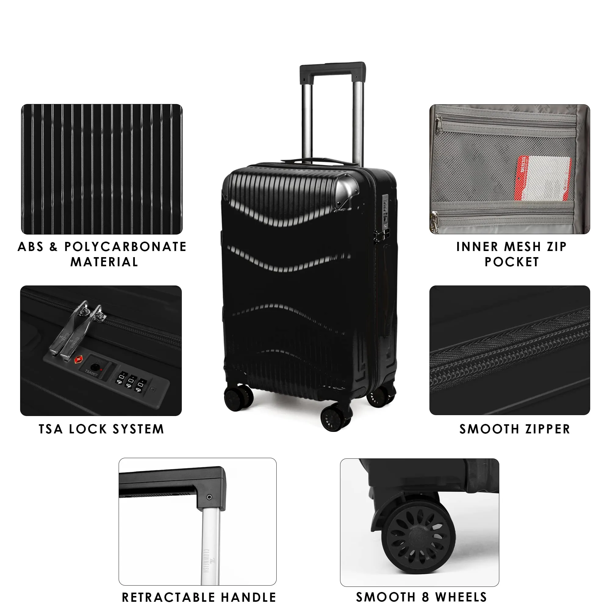 THE CLOWNFISH Combo Of 2 Ballard Series Luggage Abs & Polycarbonate Exterior Suitcases Spinner Eight Wheel Trolley Bags With Tsa Lock-Black (Medium 65 Cm-26 Inch, Small 55 Cm-22 Inch)