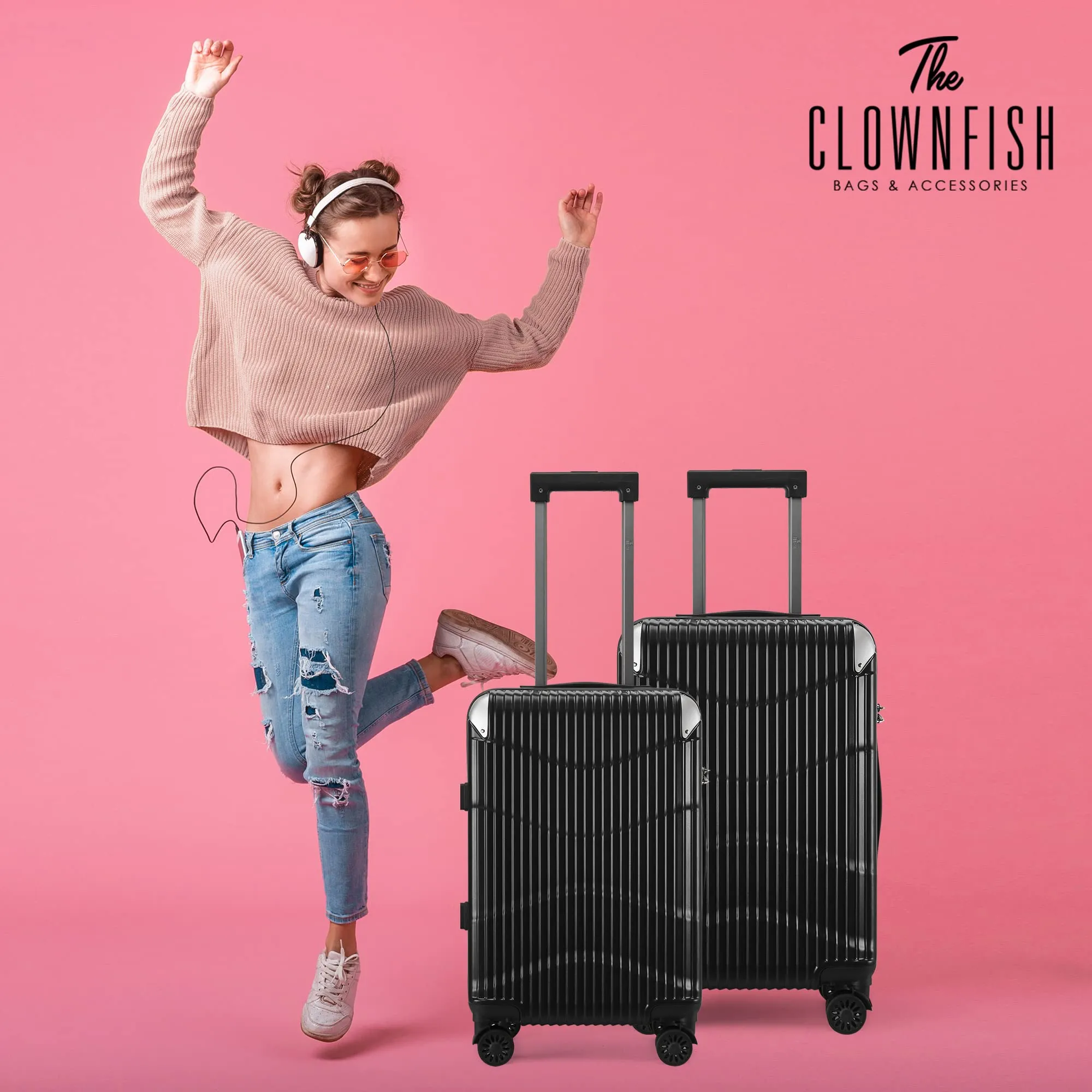 THE CLOWNFISH Combo Of 2 Ballard Series Luggage Abs & Polycarbonate Exterior Suitcases Spinner Eight Wheel Trolley Bags With Tsa Lock-Black (Medium 65 Cm-26 Inch, Small 55 Cm-22 Inch)