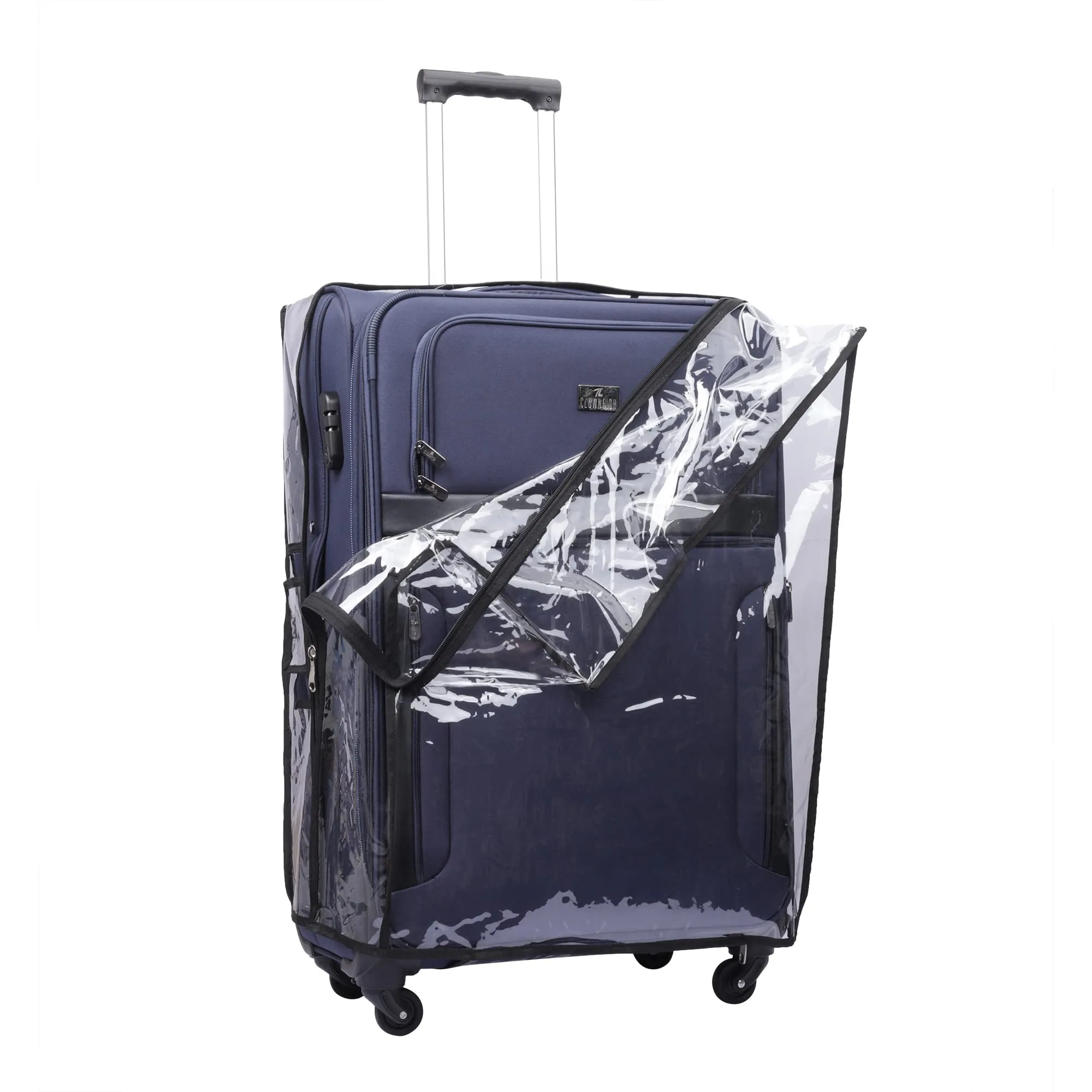 THE CLOWNFISH Faramund Series Luggage Polyester Softsided Suitcase Four Wheel Trolley Bag with Transparent PVC Protective Cover- Navy Blue (Small size- 56 cm)