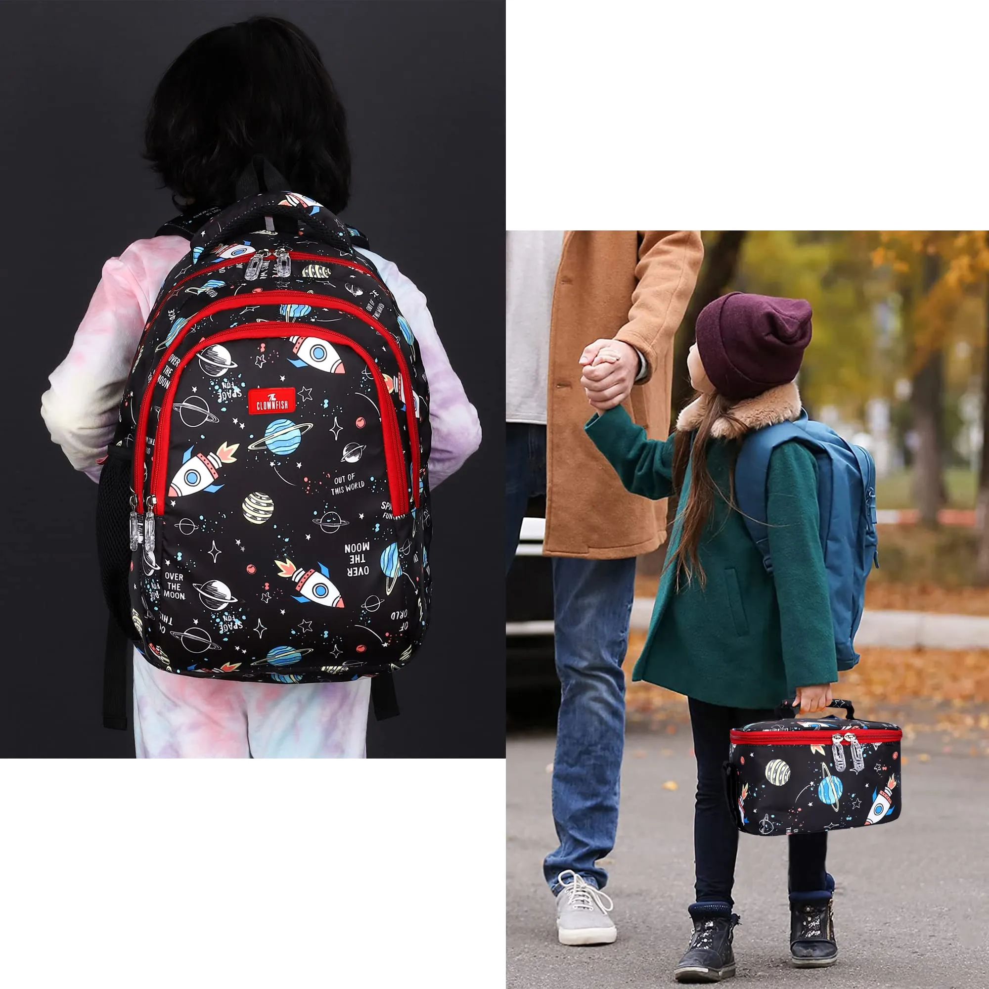 THE CLOWNFISH Fuel & Focus Series Printed Polyester 30 L School Backpack with Pencil/Staionery Pouch & Lunch/Tiffin Bag School Bag Daypack Trio For School Going Boys & Girls (Jet Black)