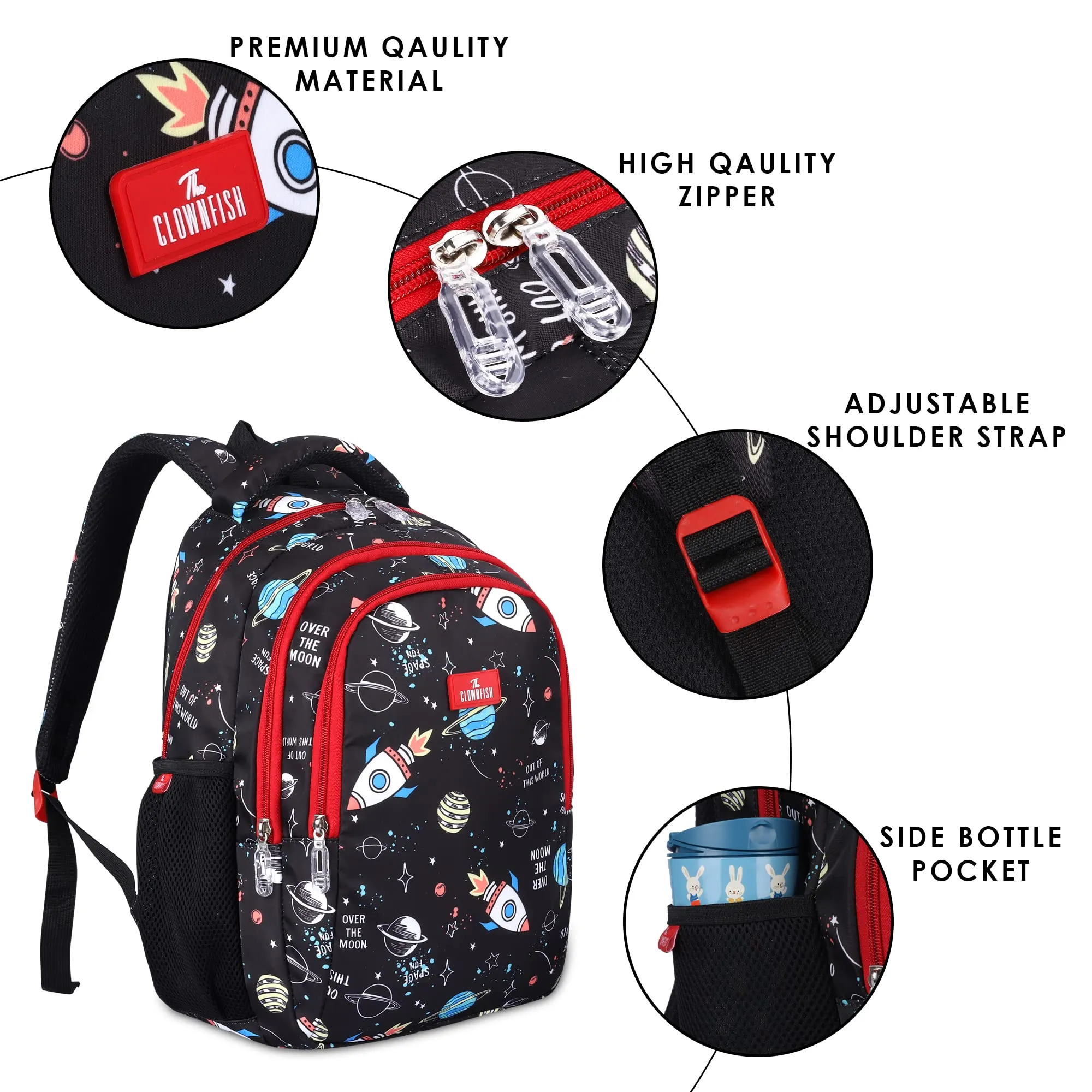 THE CLOWNFISH Fuel & Focus Series Printed Polyester 30 L School Backpack with Pencil/Staionery Pouch & Lunch/Tiffin Bag School Bag Daypack Trio For School Going Boys & Girls (Jet Black)