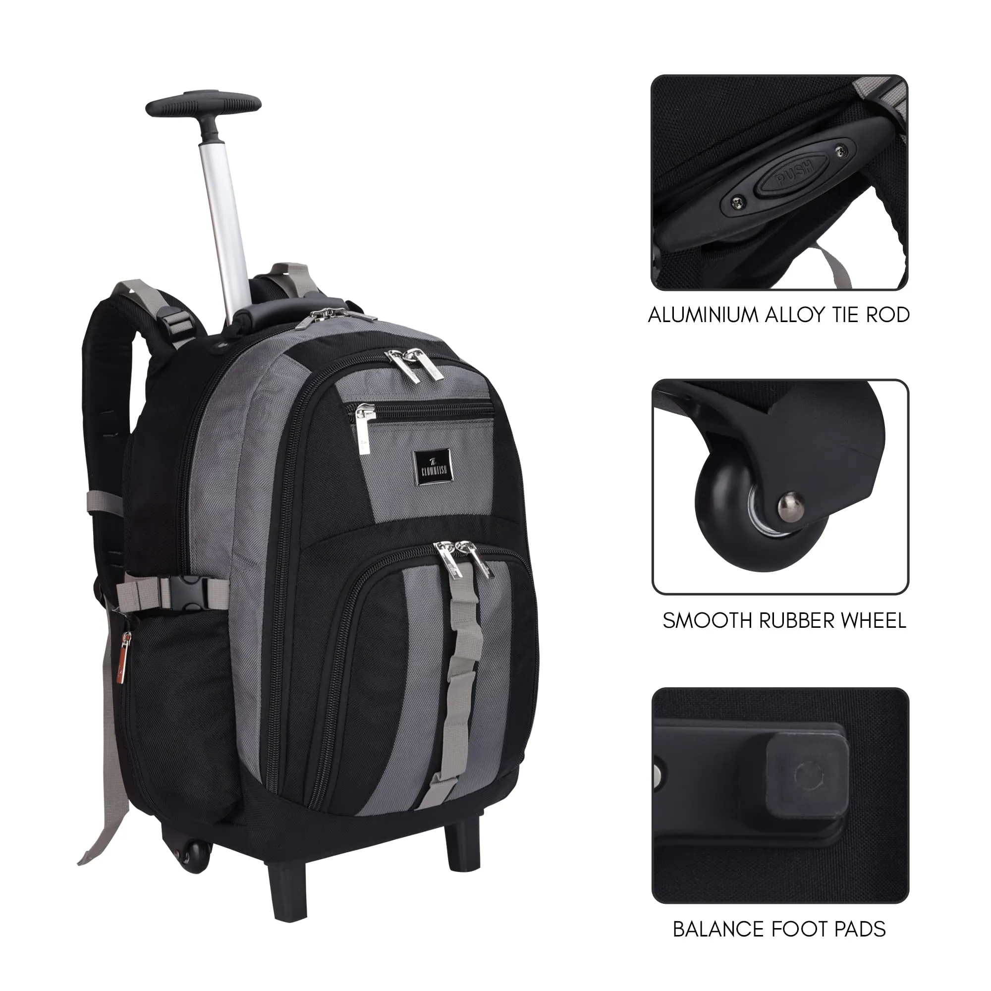 THE CLOWNFISH Tramp 33 Litre Water Resistant Polyester Two Wheel Laptop Trolley Backpack (Grey- Size 48 Cm)