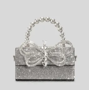 Winnal Crystal Bow Top Handle Bag Silver