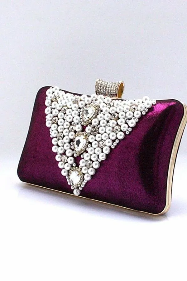 Womens Bridal Purple Clutch Hand Bag Pearl Diamante Wedding