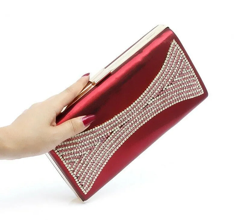 Womens Clutch Hand Bag Diamante Wedding Formal Party Bridal Red