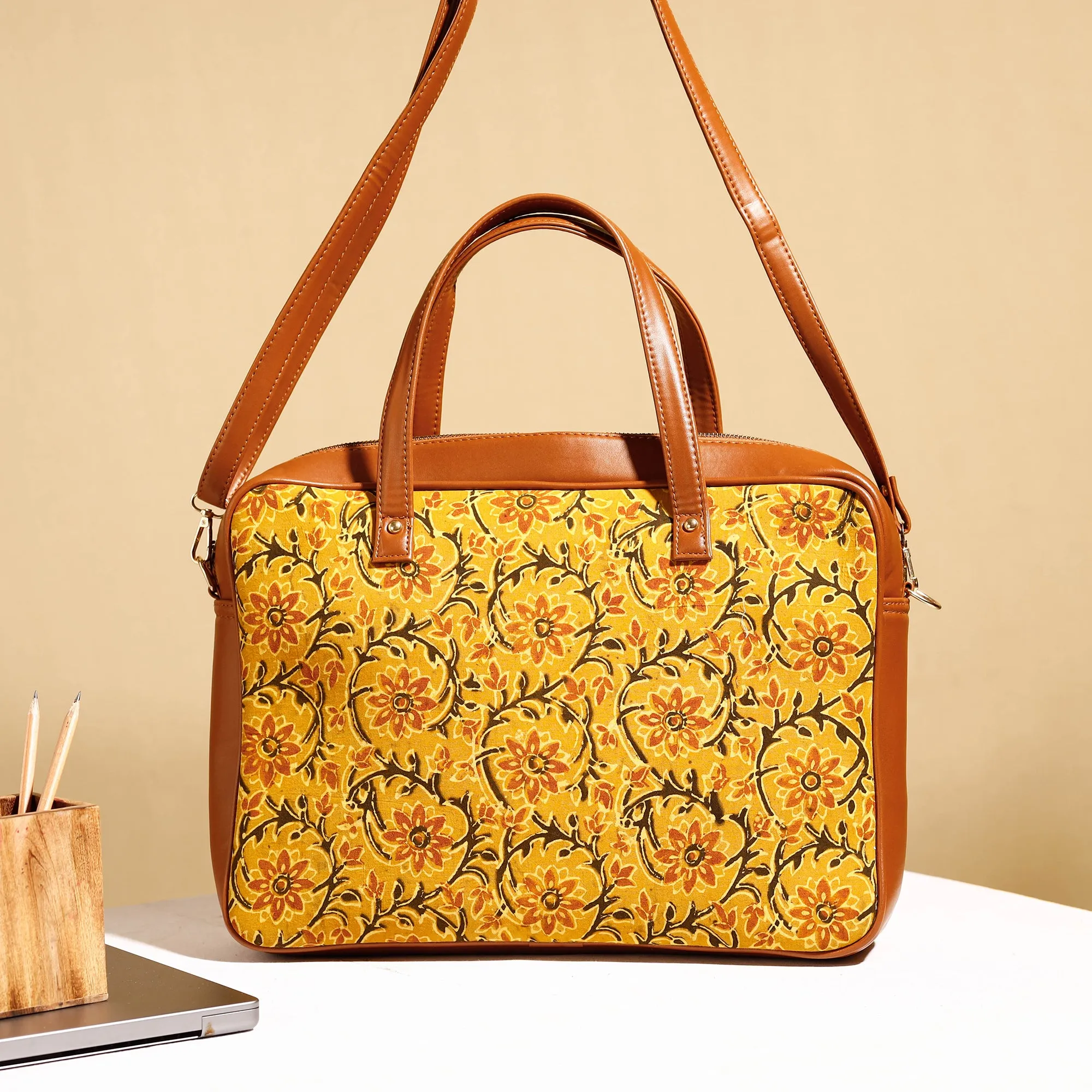 Yellow - Handcrafted Ajrakh Block Printed Cotton Laptop Bag (15 x 13 in)